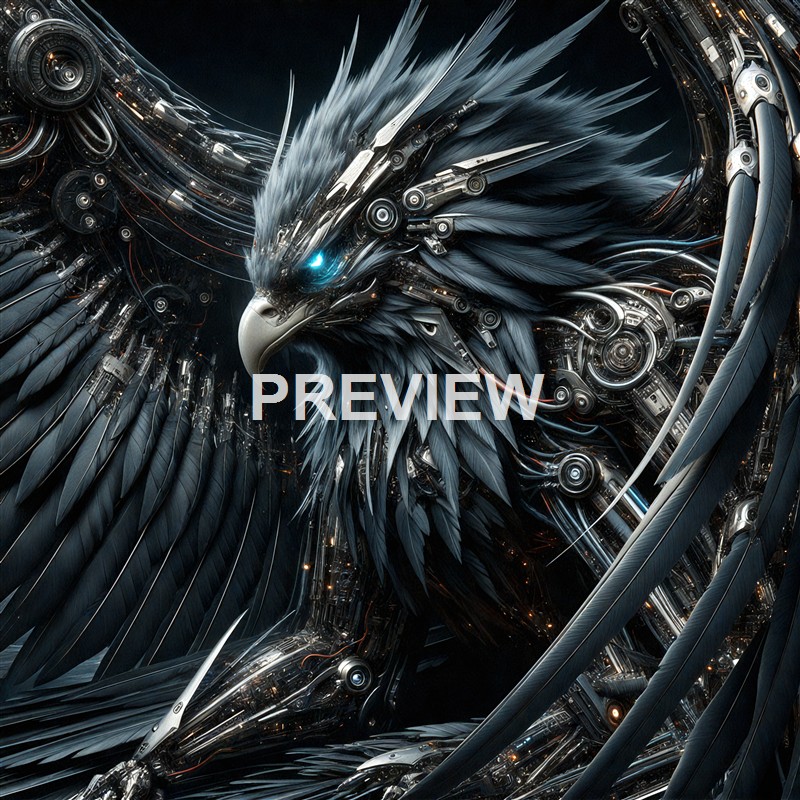 A highly detailed and futuristic depiction of a mechanical eagle composed of metallic parts, wires, and feathers, with glowing blue eyes and intricate circuitry.